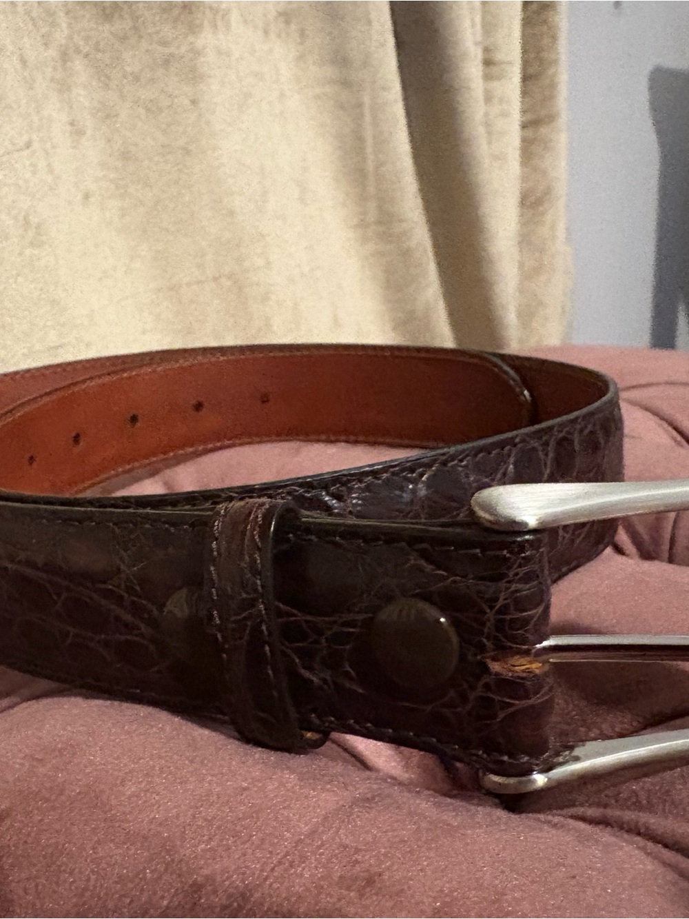 Saks Fifth Avenue Dark Brown Crocodile Leather Belt with Silver Buckle